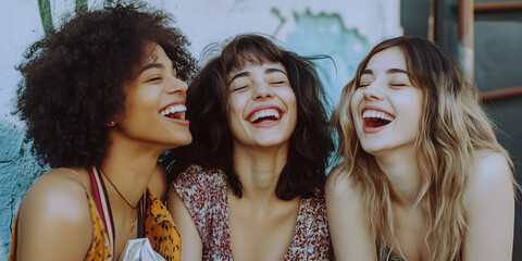 Obraz premium Three ladies laughing happily after shopping spree, black friday, carnival, shopping festival, shopping, business background, happy, delighted, excited, background