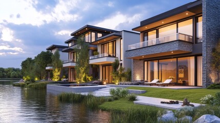 Fototapeta premium Modern Coastal Properties with Stunning Lighting