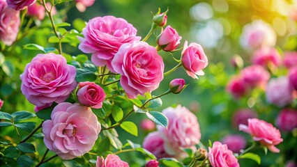 Fototapeta premium A delicate pink rose bush with vibrant blooms and lush green leaves in a garden setting, pink roses, wildflowers, outdoor scenery, garden flowers, floral arrangement