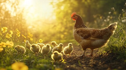 Hen with Chicks in Sunlit Meadow
