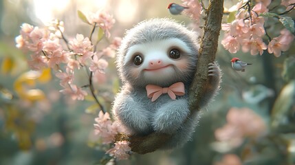 Fototapeta premium A cute cartoon sloth with a pink bowtie sits on a tree branch with pink flowers and birds in the background.