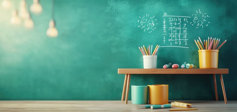 Chalk drawing of a math equation on a board with supplies below, 3D illustration - Powered by Adobe
