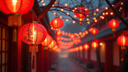 Brightly Lit Street with Red Lanterns for Chinese New Year Celebrations