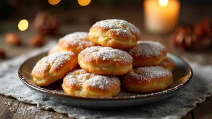 Golden pastries dusted with powdered sugar on a green plate, holiday decorations in the background, creating a cozy festive atmosphere.