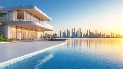 Modern Home with Cityscape View at Sunset