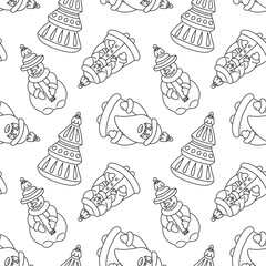 doodle pattern of Soviet Christmas tree toys. Toys made of glass. Snowman, Santa Claus, snow maiden, Christmas tree, vintage illustration. Festive texture for decoration. The texture is monochrome
