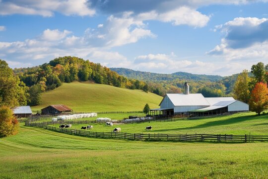 A picturesque cheese farm with cows grazing, a cheese-making facility, and farmers working, highlighting the farm-to-table journey, sustainable practices involved in artisanal cheese production.