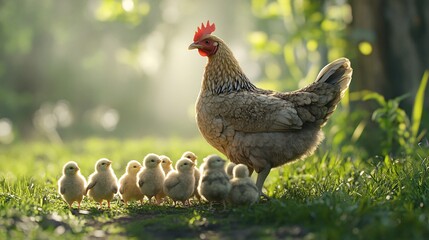 Hen with Chicks in Grassy Area