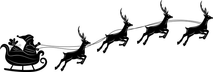 santa flying on sleigh with reindeer black silhouette, vector