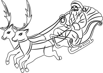 santa flies on a sleigh sketch, outline, vector