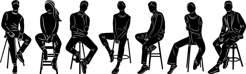 set people sitting black silhouette, vector