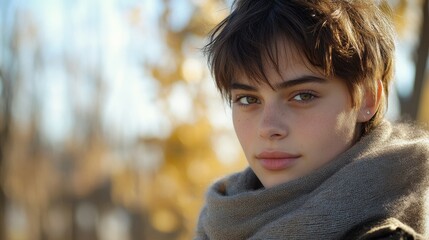 Obraz premium The model highlights a minimalist pin on their scarf, set against a backdrop of autumn leaves