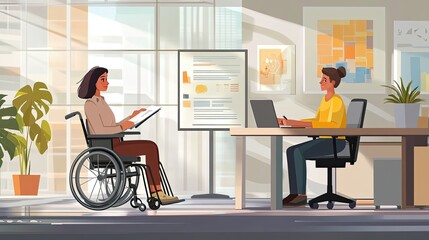 Two Women Talking In An Office, One In A Wheelchair
