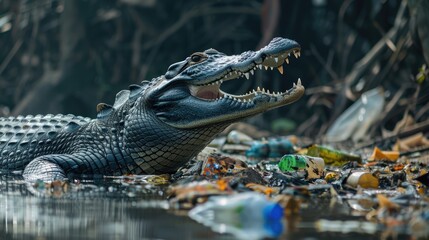 Obraz premium Polluted world. Garbage and waste. Animals suffer from pollution. Ecological disaster concept. AI-generated.