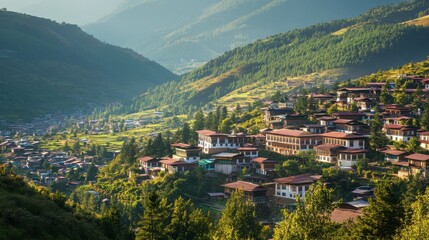 Fototapeta premium An aerial view of Thimphu, Bhutan s capital, with a mix of traditional architecture