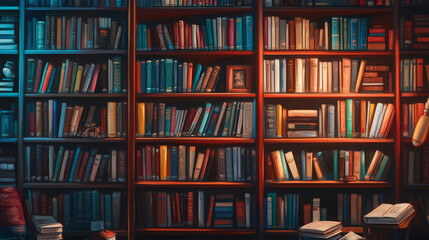 Cozy Library Bookshelf with Warm Lighting