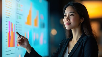 An Asian executive woman presenting financial projections with colorful graphs