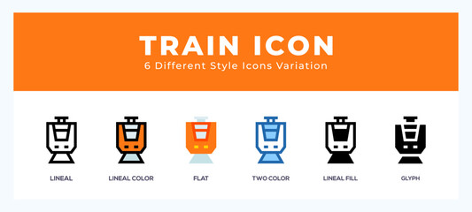 Train icon set with different styles. Icons designed in filled. outline. flat. glyph and line colored.