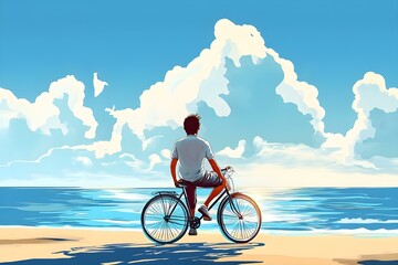 Fototapeta premium Young Man Sitting on a Bicycle Looking at the Sea