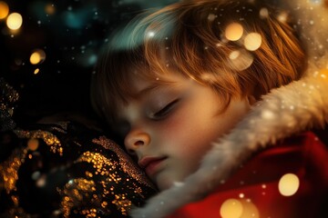 Waiting For Santa. Curious Boy Sleeping on Christmas Eve, Dreaming of Santa Claus Arrival