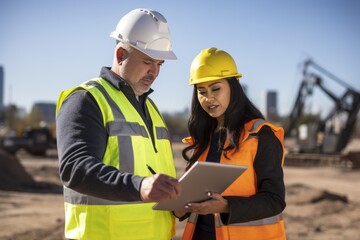 Civil engineer collaborates with construction professional on-site during a sunny day in an urban area