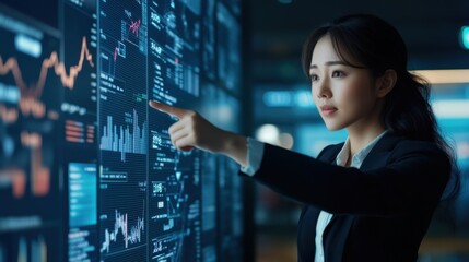 An Asian woman in a leadership position pointing to financial charts on a large digital
