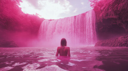 Fototapeta premium Surreal Pink Waterfall with Woman in Water