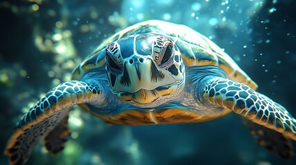 Fototapeta premium A close-up of a sea turtle swimming underwater, with sunlight streaming through the water, creating a sparkling effect.
