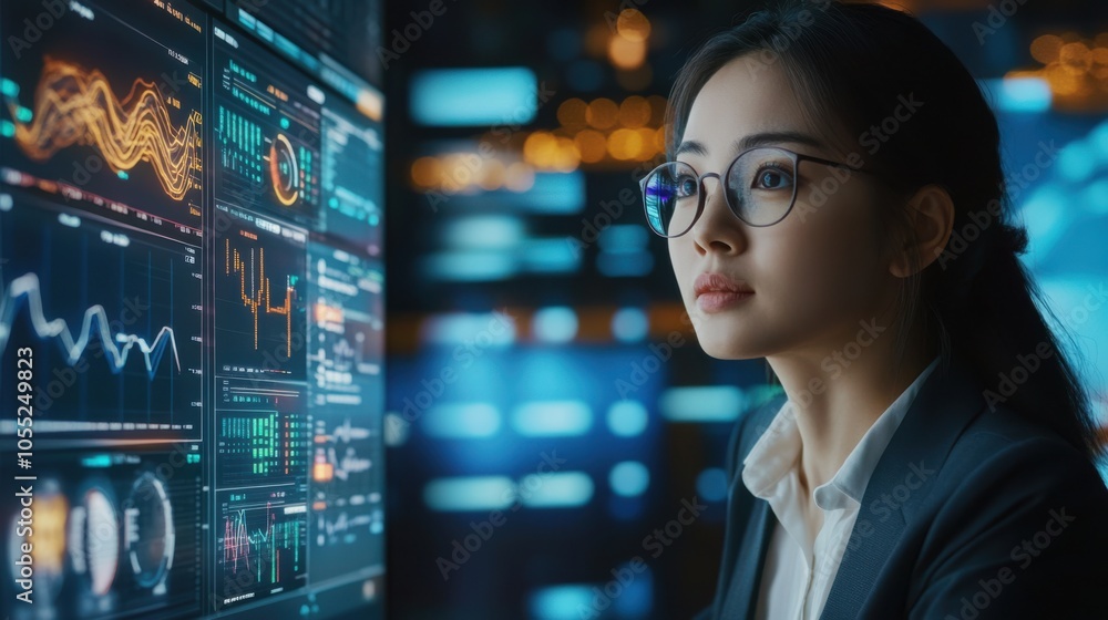 Poster an asian woman leader using a pointer to emphasize key financial metrics