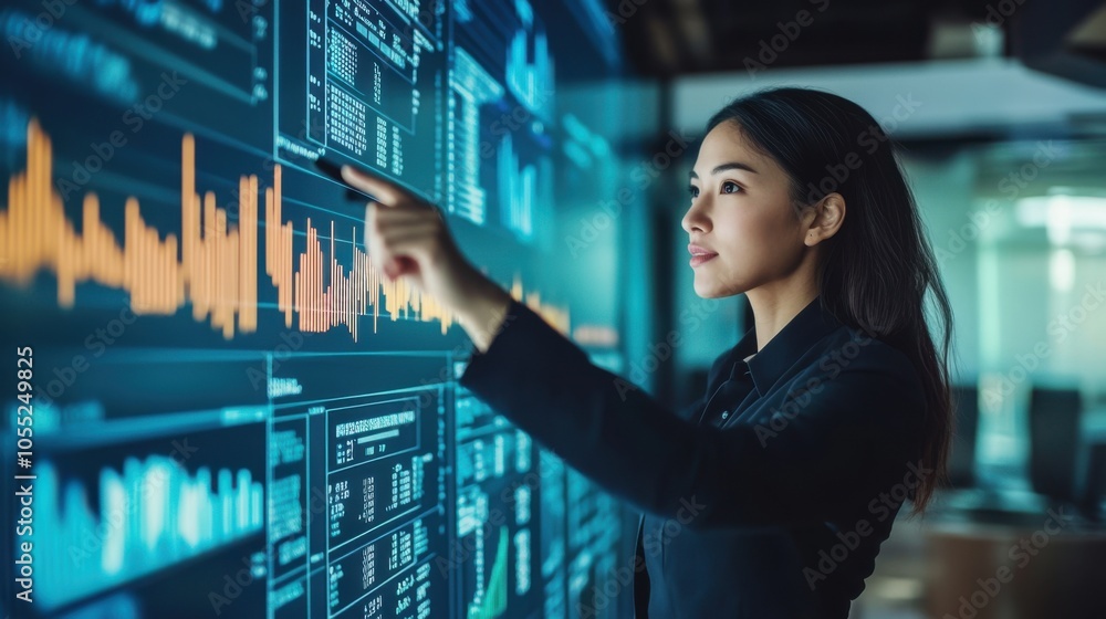Poster an asian woman leader using a pointer to emphasize key financial metrics