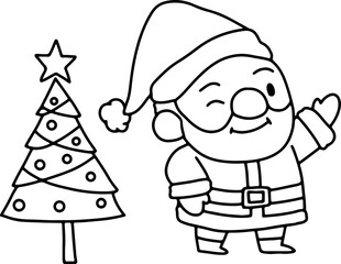 Christmas, cute cartoon, elements, lines, white, coloring, illustration, Santa, card