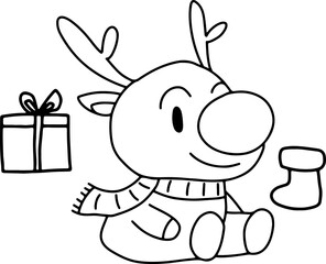 Christmas, cute cartoon, elements, lines, white, coloring, illustration, Santa, card