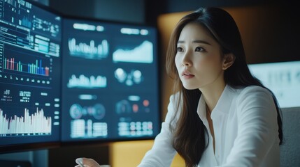 Obraz premium An Asian woman leading a financial strategy meeting with interactive charts