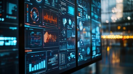 An interactive touchscreen panel displaying IT data flow and real-time system monitoring