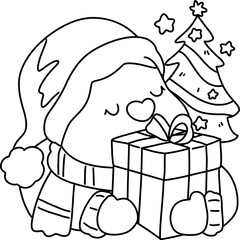 Christmas, cute cartoon, elements, lines, white, coloring, illustration, Santa, card