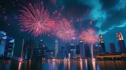 Naklejka premium Fireworks lighting up the night sky over a national monument,