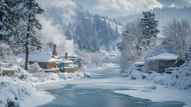 Chillai Kalan, a view of snow-capped mountains of Kashmir with a frozen river in the middle, Ai generated images