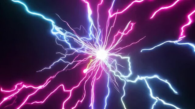 A burst of jagged neon pink and lime green lightning bolts radiating from the white central point, with electric energy crackling between the lines. Abstract pattern, texture.