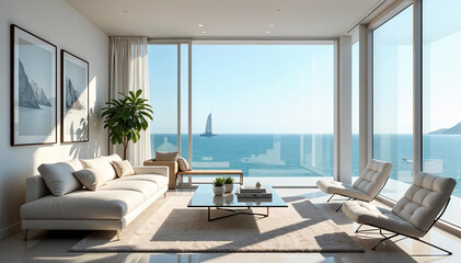 Fototapeta premium Luxury Coastal Living Room with a Stunning Ocean View