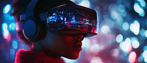 Woman Experiencing Virtual Reality with Cityscape Reflection in VR Headset, Woman Experiencing Virtual Reality with Cityscape Reflection in