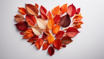 Heart Shaped Composition of Autumn Leaves in Shades of Red, Orange, and Yellow on White Background, Perfect for Fall Themed Decor, Seasonal Greeting Cards, or Thanksgiving Celebration Designs