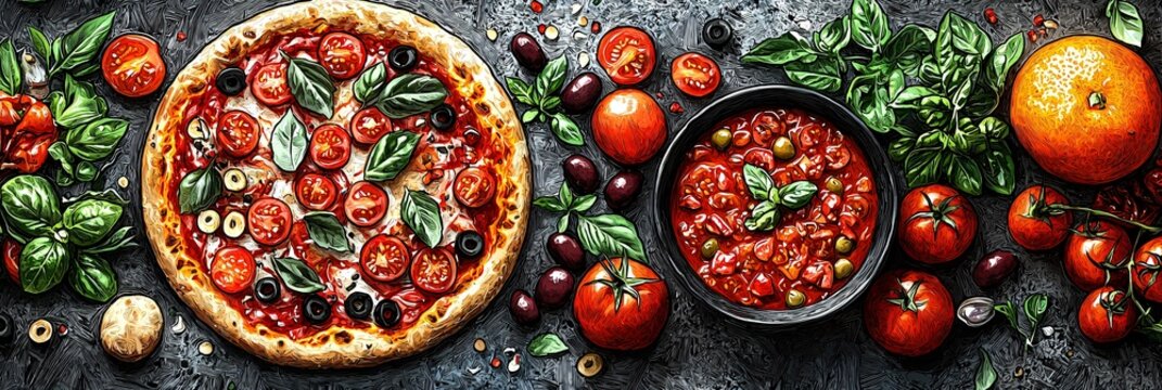 A monochromatic vegan feast illustration perfect for World Vegan Month, featuring pizza, soup, fruits, and ample space for text integration in food-related design.