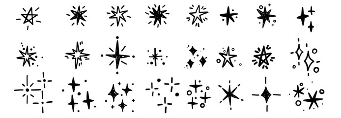 Black cartoon star glittering burst doodle set collection explosion christmas winter decoration.