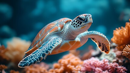Fototapeta premium A green sea turtle swims through a coral reef, its shell a vibrant blend of orange, brown, and blue.