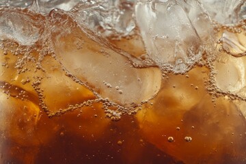 Close up shot of the surface of a carbonated water with ice and cola, fizzy , quench your thirst, refreshing 