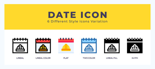 Date icon set with different styles. Icons designed in filled. outline. flat. glyph and line colored.