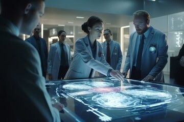 Medical researchers collaborate at a hospital research center, focusing on advanced hand imaging technologies in a modern laboratory