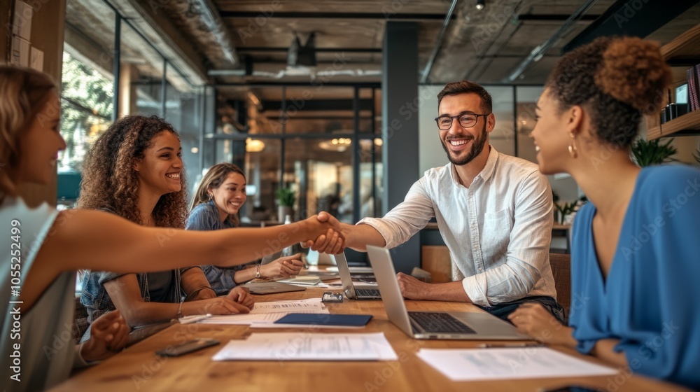 Poster a group of people are shaking hands in a business setting
