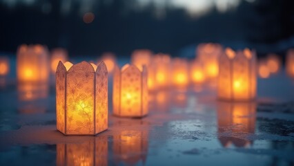 Glowing lanterns create a warm ambiance on a snowy path during twilight. Soft light reflects on the icy surface, enhancing the serene, magical atmosphere.
