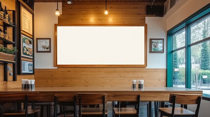 Empty Restaurant Interior With Wooden Tables, Chairs, And Blank Menu Board For Your Design.